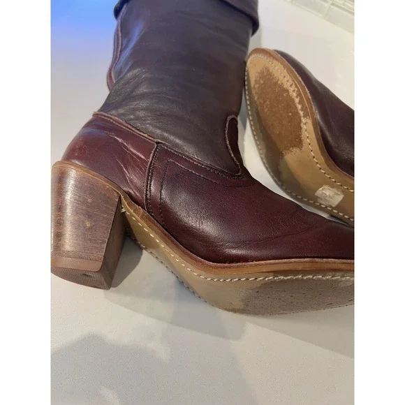 Vintage Dexter High Burgundy Leather Heeled 5 1/2M Boho Cuffed Boots - Picture 11 of 12